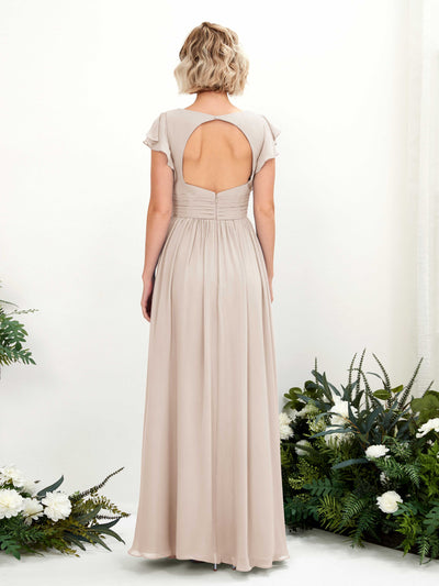 Carlyna Grino A-Line Champagne Bridesmaid Dress Maxi Cap Sleeve V-Neck Dress Back View #color_champagne