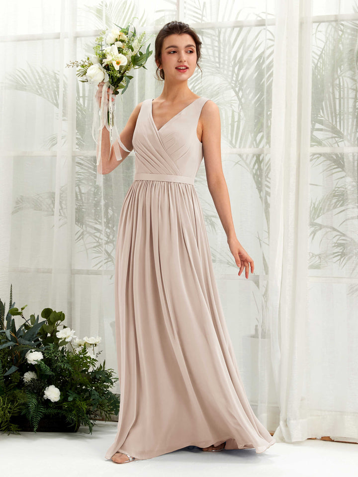 Champagne Bridesmaid Dresses Bridesmaid Dress A-line Chiffon V-neck Full Length Sleeveless Wedding Party Dress (81223616)