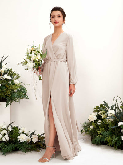 Carlyna Elsie A-Line Champagne Bridesmaid Dress Maxi Long Sleeve V-Neck Front View #color_champagne