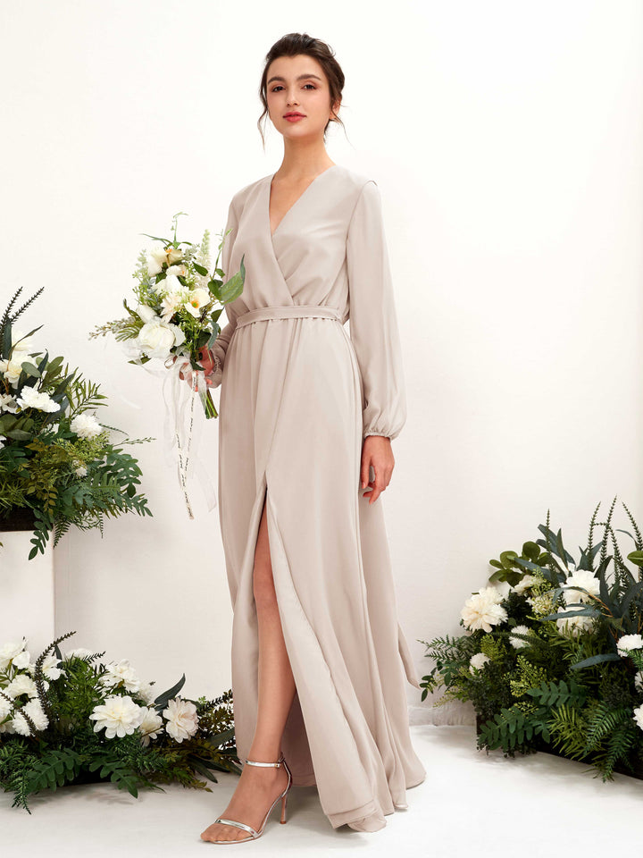 Champagne Bridesmaid Dresses Bridesmaid Dress A-line Chiffon V-neck Full Length Long Sleeves Wedding Party Dress (81223216)