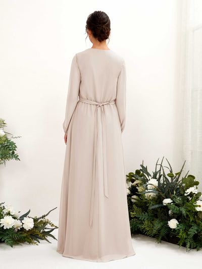 Carlyna Elsie A-Line Champagne Bridesmaid Dress Maxi Long Sleeve V-Neck Back View #color_champagne