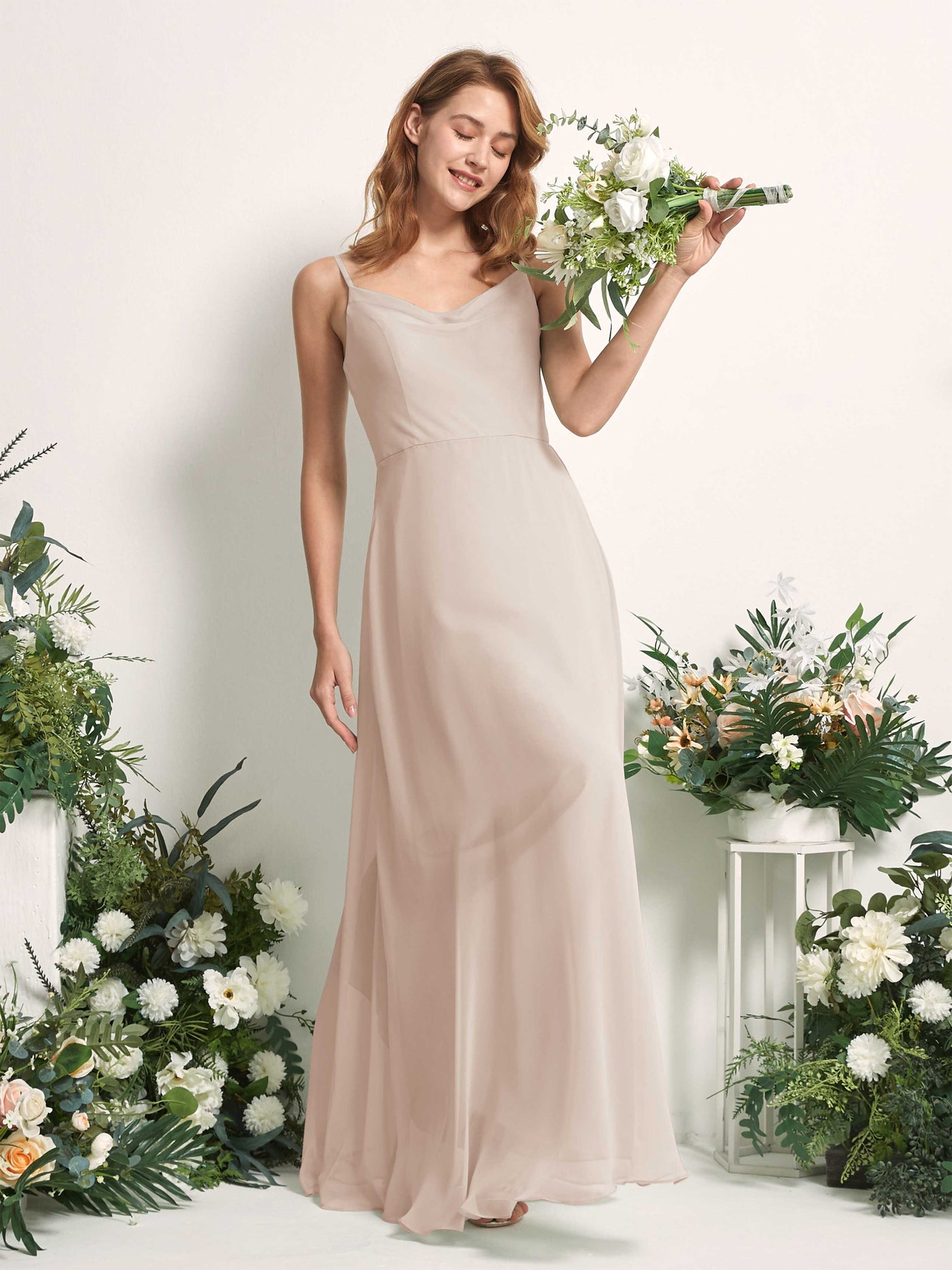 Bridesmaid Dress A-line Chiffon Spaghetti-straps Full Length Sleeveless Wedding Party Dress - Champagne (81227216)#color_champagne