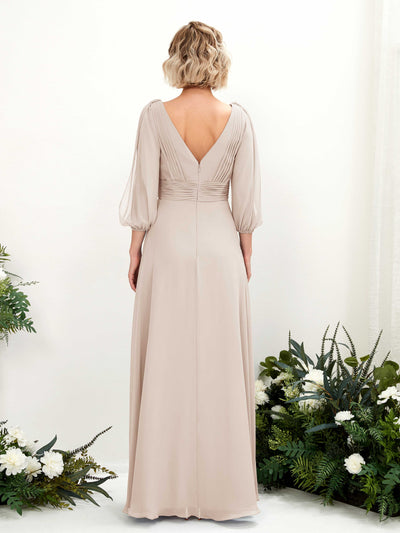 Carlyna Antonia A-Line Champagne Bridesmaid Dress Maxi Three Quarter Sleeve V-Neck Dress Back View #color_champagne