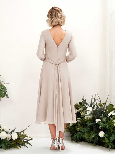 Carlyna Joanna A-Line Champagne Bridesmaid Dress Midi Long Sleeve V-Neck Back View #color_champagne