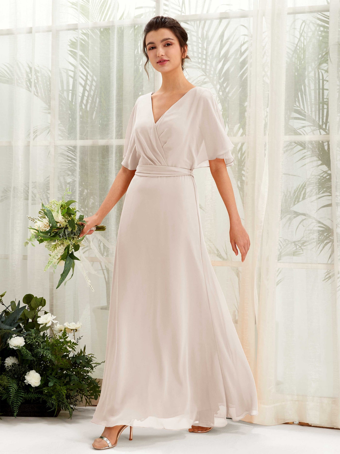 Champagne Bridesmaid Dresses Bridesmaid Dress A-line Chiffon V-neck Full Length Short Sleeves Wedding Party Dress (81222416)#color_champagne