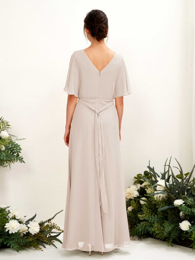 Carlyna Merta A-Line Champagne Bridesmaid Dress Maxi Short Sleeve V-Neck Dress Back View #color_champagne