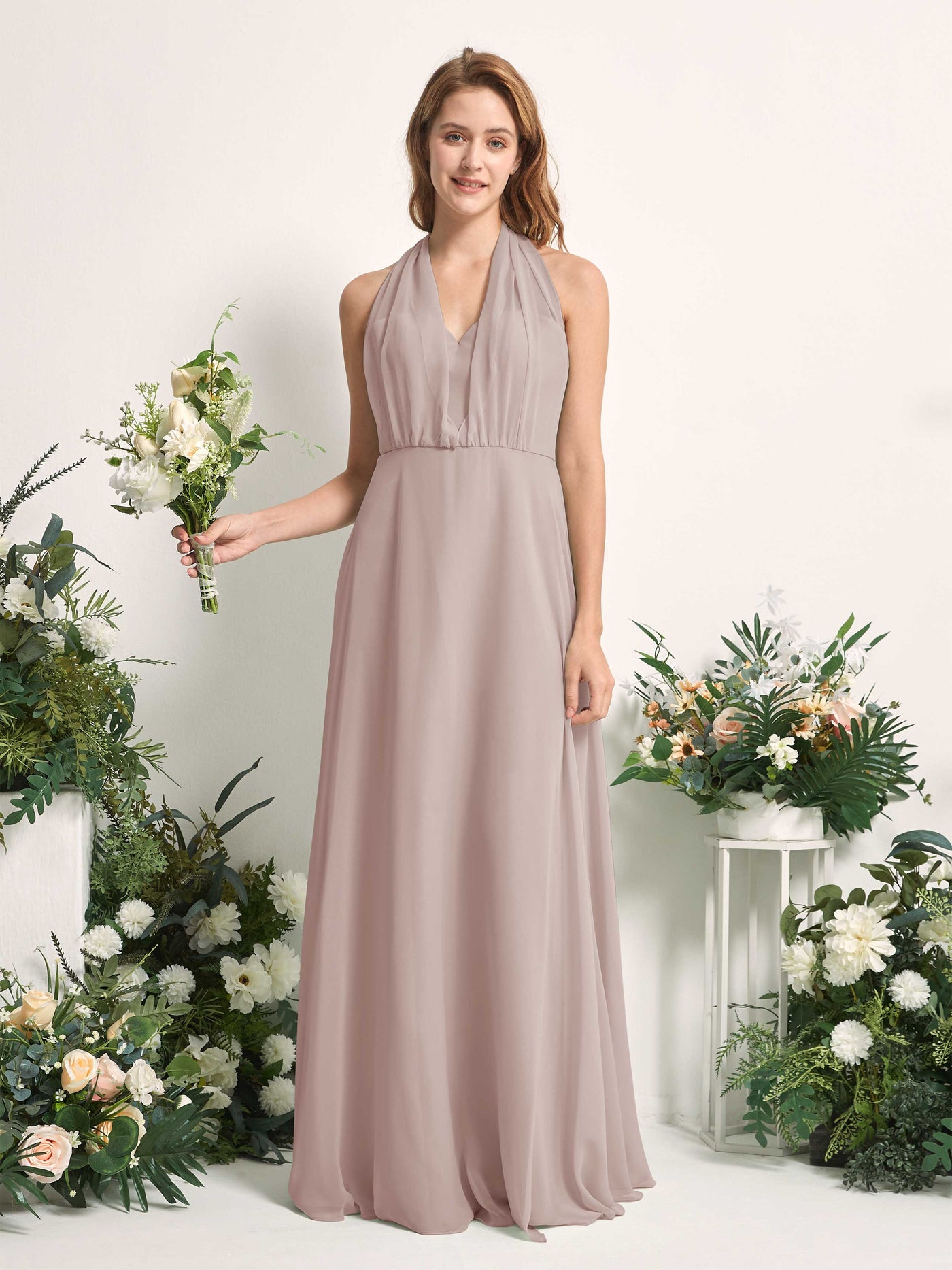 Taupe Bridesmaid Dresses Bridesmaid Dress A-line Chiffon Halter Full Length Short Sleeves Wedding Party Dress (81226324)#color_taupe