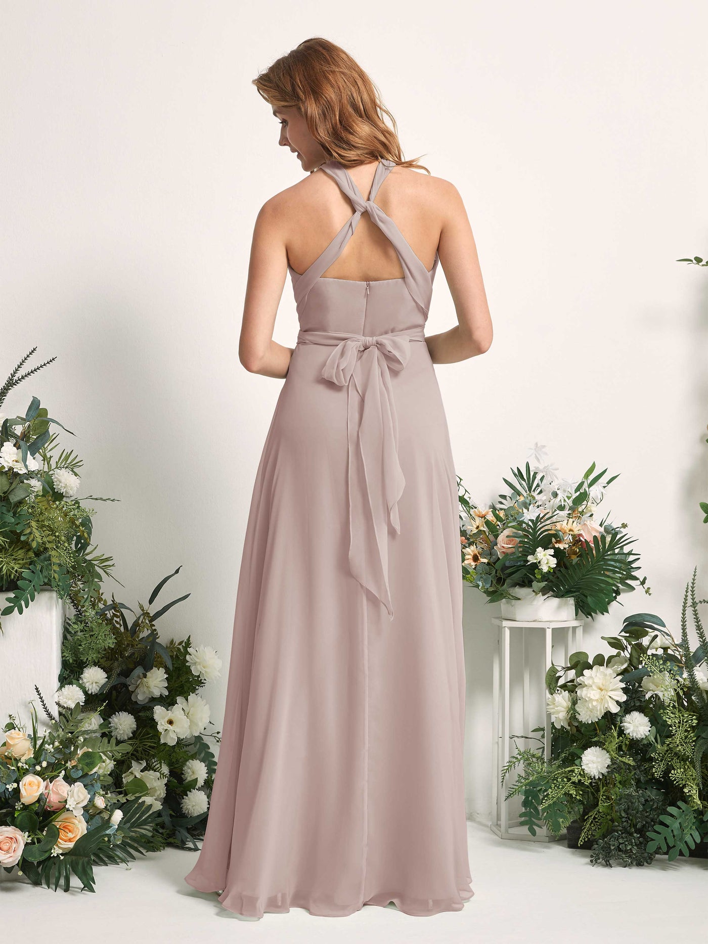 Taupe Bridesmaid Dresses Bridesmaid Dress A-line Chiffon Halter Full Length Short Sleeves Wedding Party Dress (81226324)#color_taupe