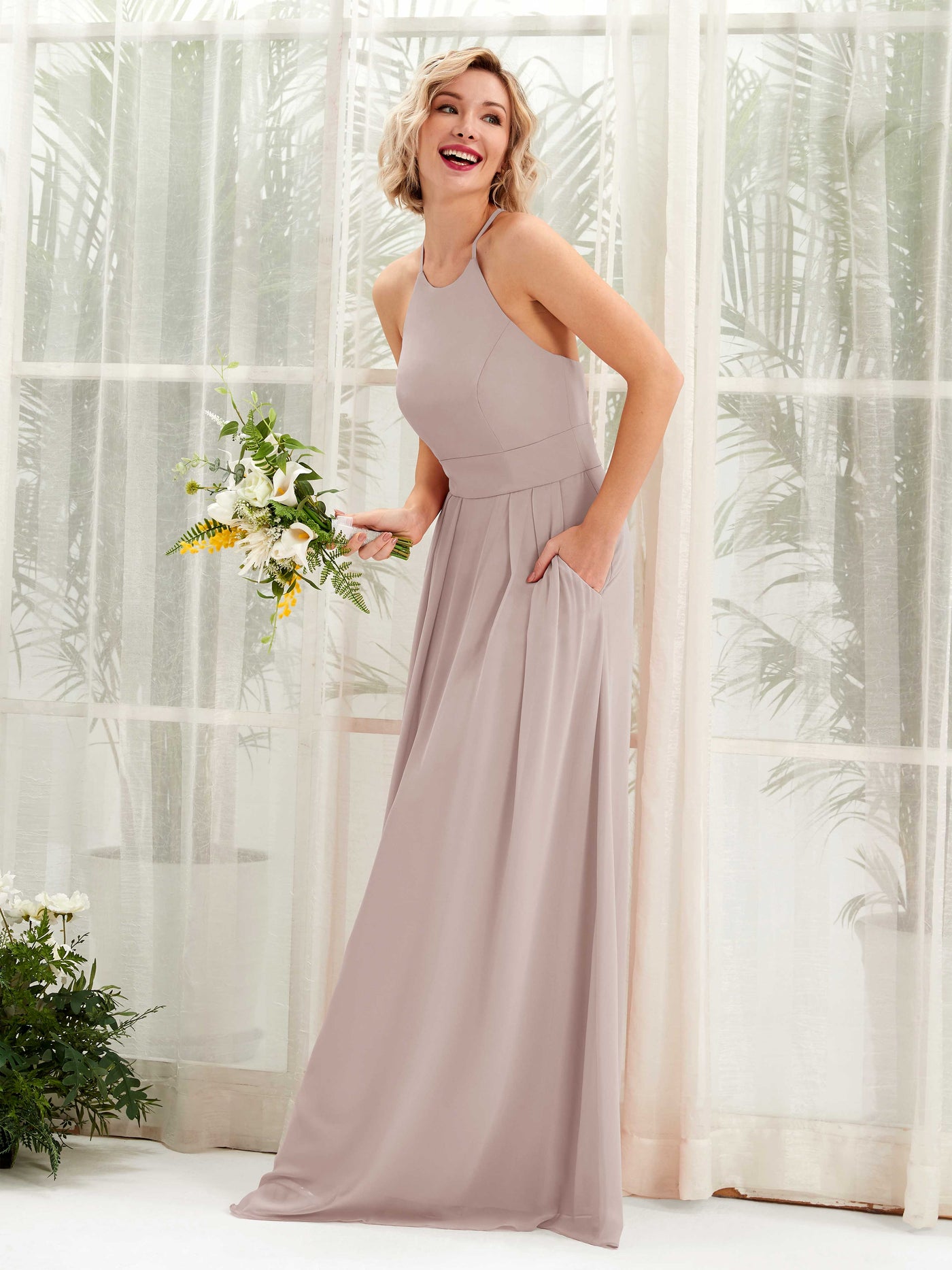 Taupe Bridesmaid Dresses Bridesmaid Dress A-line Chiffon Halter Full Length Sleeveless Wedding Party Dress (81225224)#color_taupe