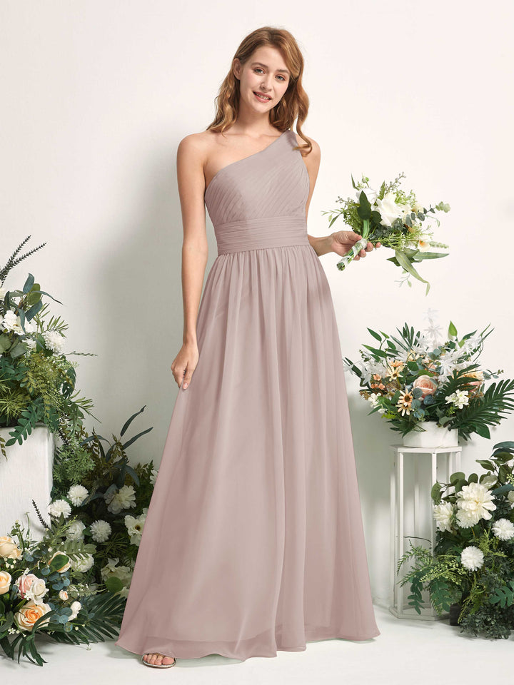 Bridesmaid Dress A-line Chiffon One Shoulder Full Length Sleeveless Wedding Party Dress - Taupe (81226724)
