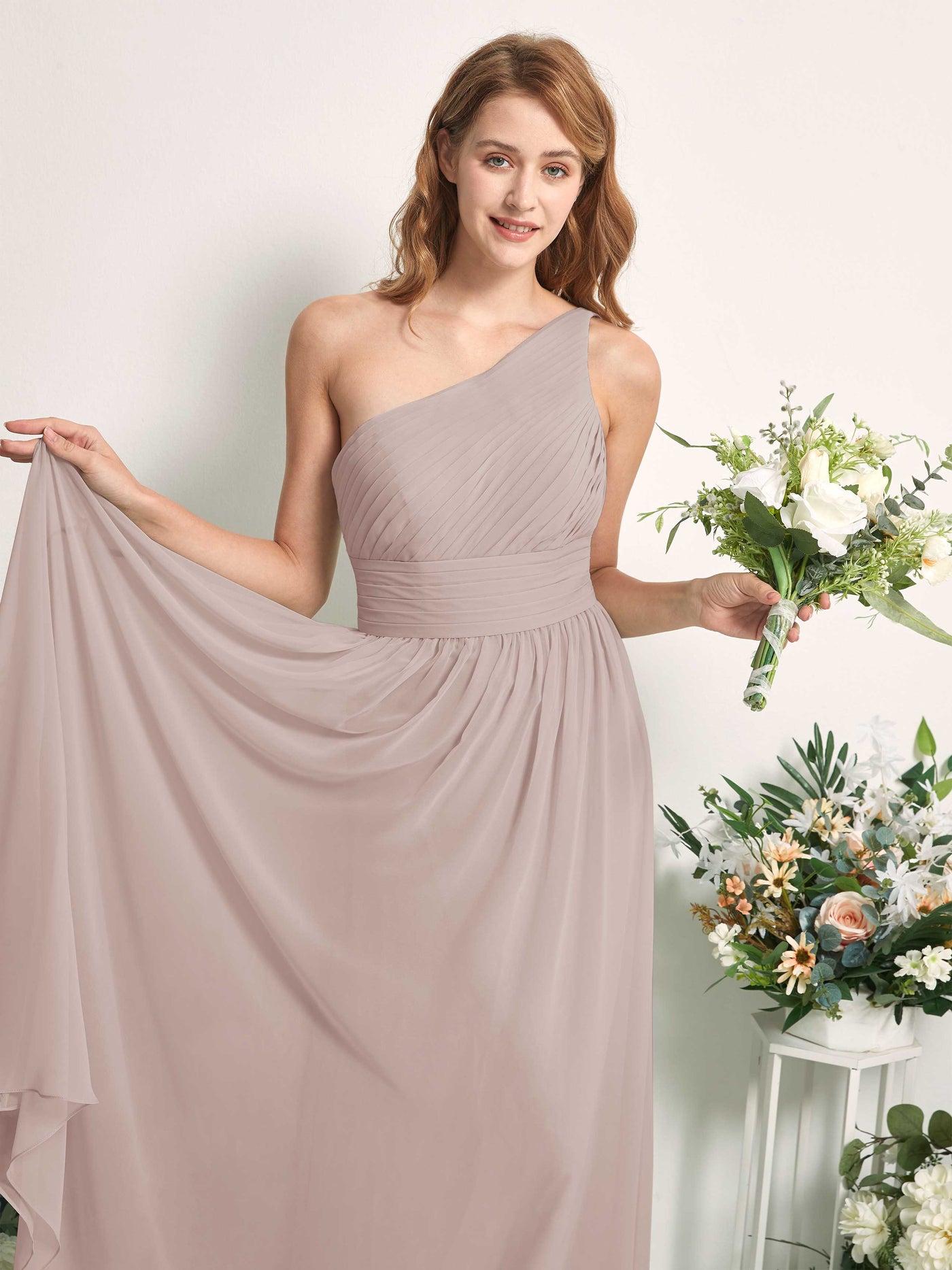 Bridesmaid Dress A-line Chiffon One Shoulder Full Length Sleeveless Wedding Party Dress - Taupe (81226724)#color_taupe