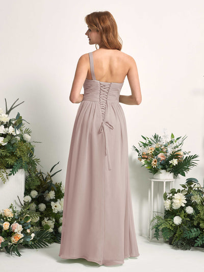 Carlyna Pandora A-Line Taupe Bridesmaid Dress Maxi Sleeveless One Shoulder Dress Back View #color_taupe
