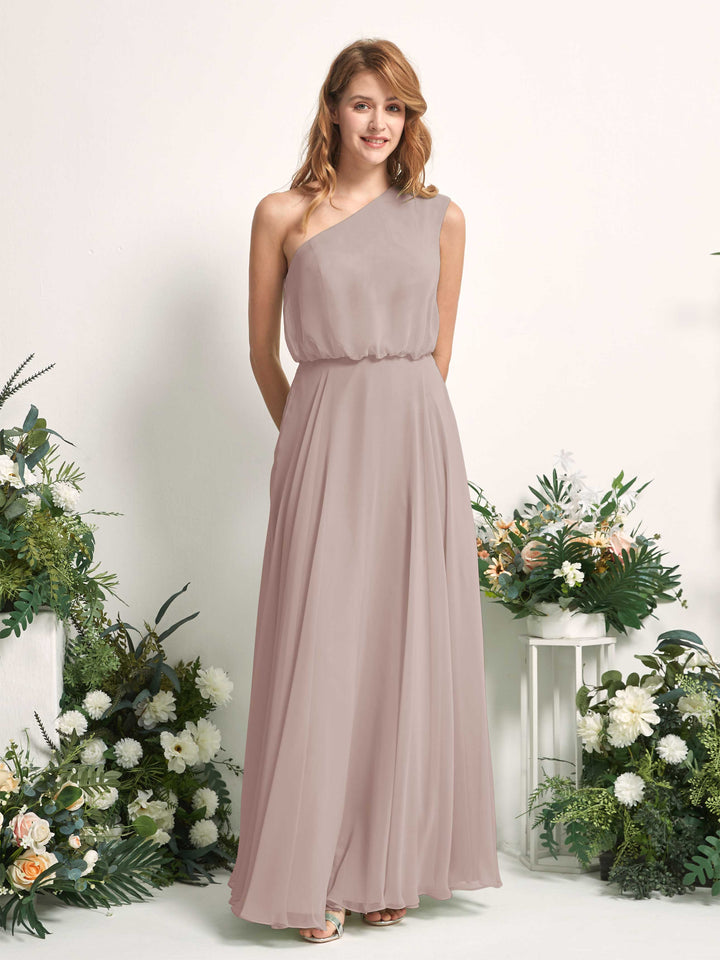 Bridesmaid Dress A-line Chiffon One Shoulder Full Length Sleeveless Wedding Party Dress - Taupe (81226824)