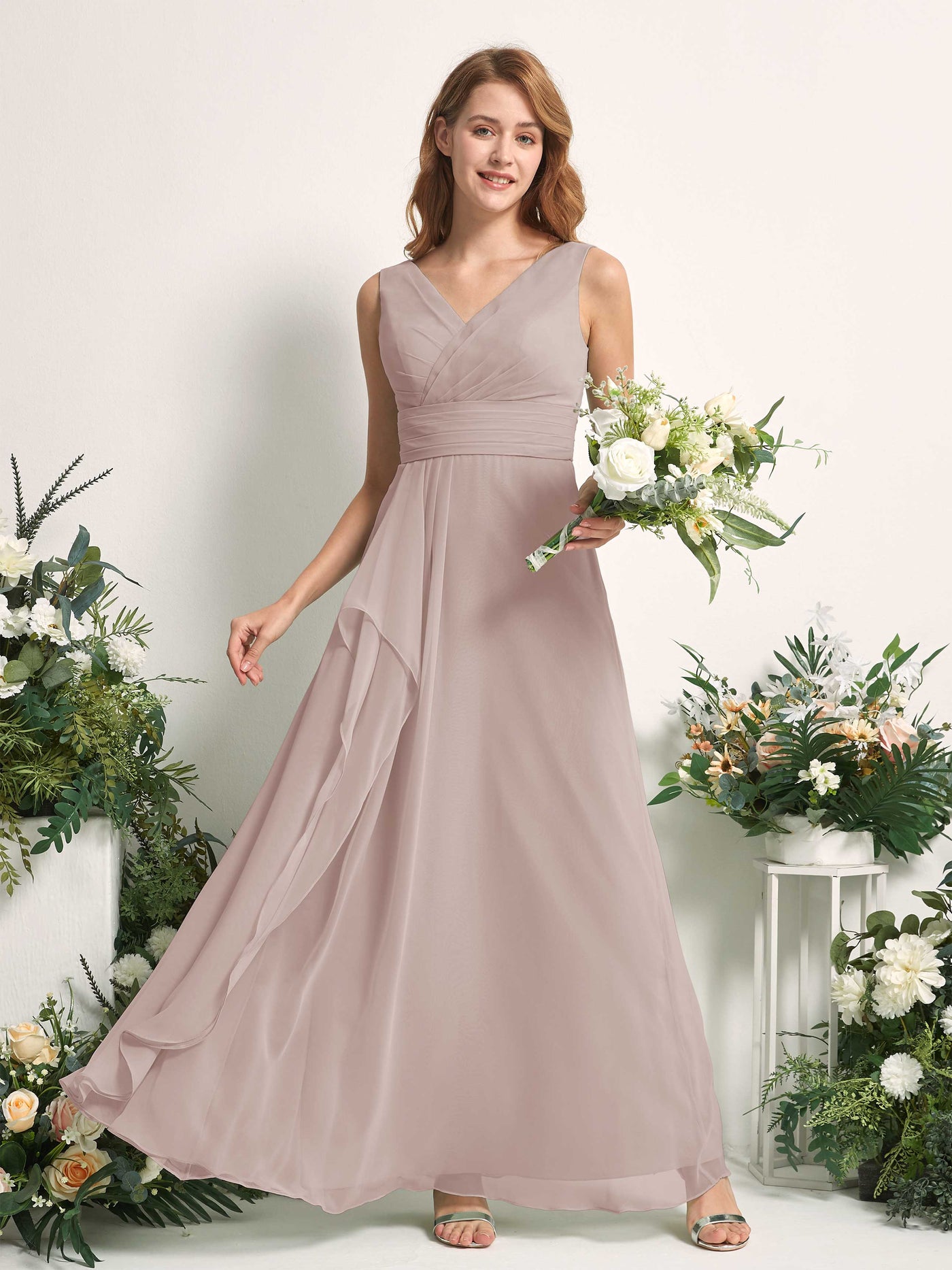 Bridesmaid Dress A-line Chiffon V-neck Full Length Sleeveless Wedding Party Dress - Taupe (81227124)#color_taupe