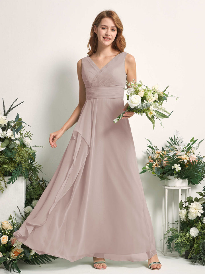 Bridesmaid Dress A-line Chiffon V-neck Full Length Sleeveless Wedding Party Dress - Taupe (81227124)