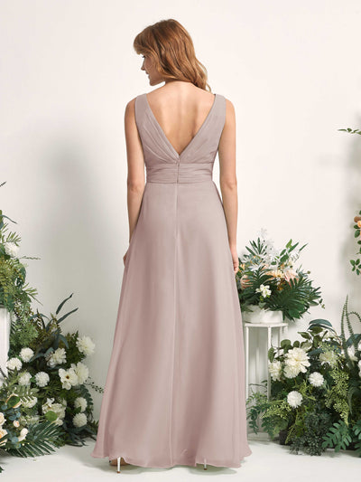 Carlyna Mollie A-Line Taupe Bridesmaid Dress Maxi Sleeveless V-Neck Dress Back View #color_taupe