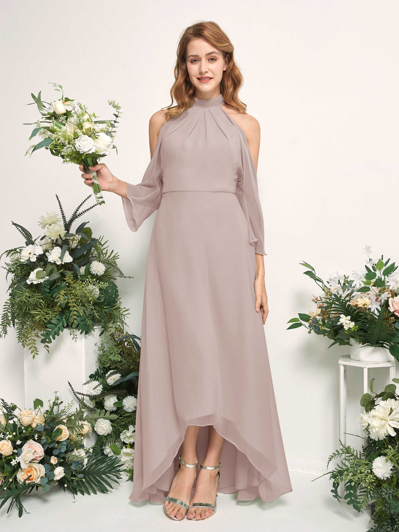 Bridesmaid Dress A-line Chiffon Halter High Low 3/4 Sleeves Wedding Party Dress - Taupe (81227624)#color_taupe