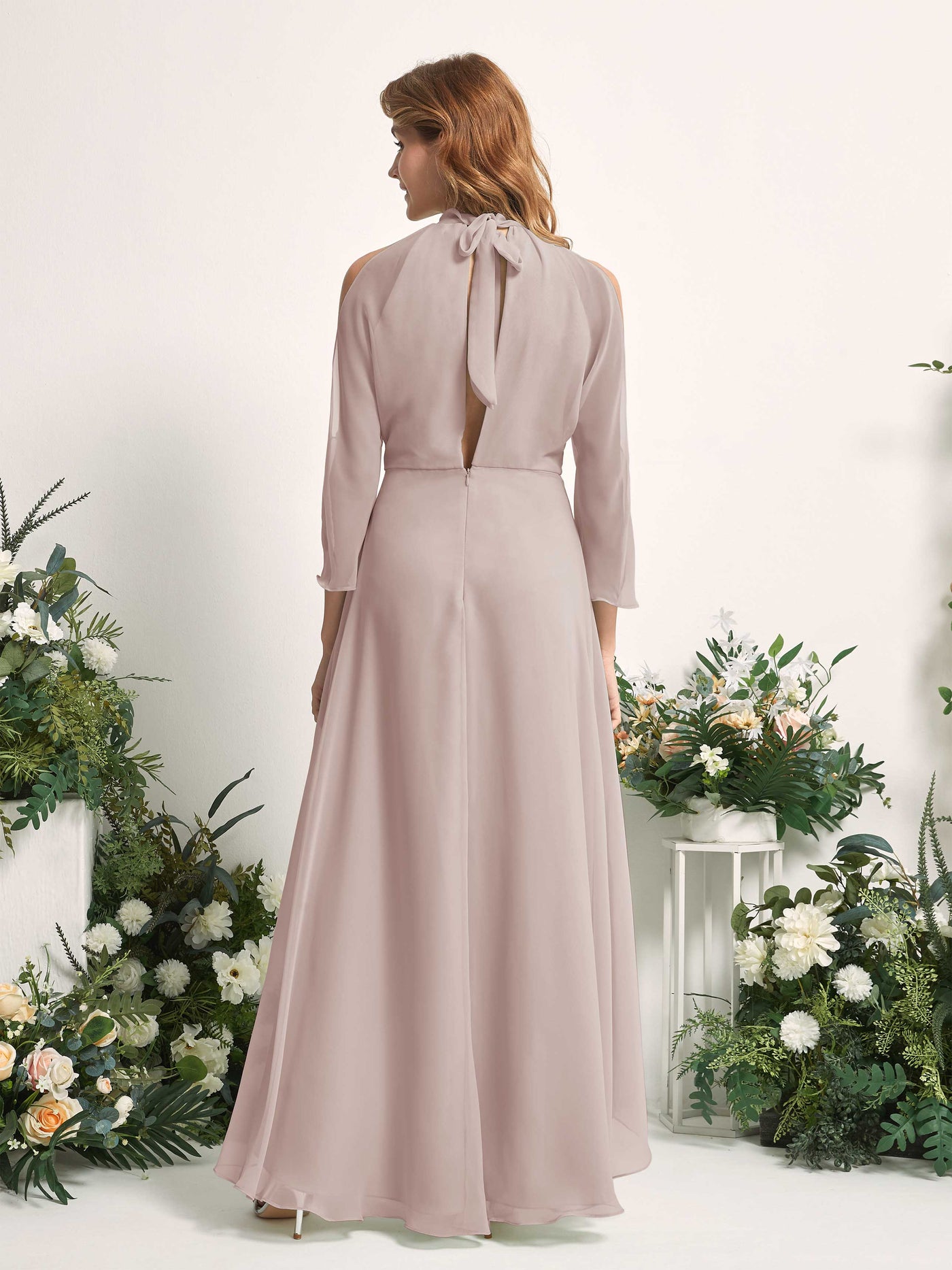 Bridesmaid Dress A-line Chiffon Halter High Low 3/4 Sleeves Wedding Party Dress - Taupe (81227624)#color_taupe