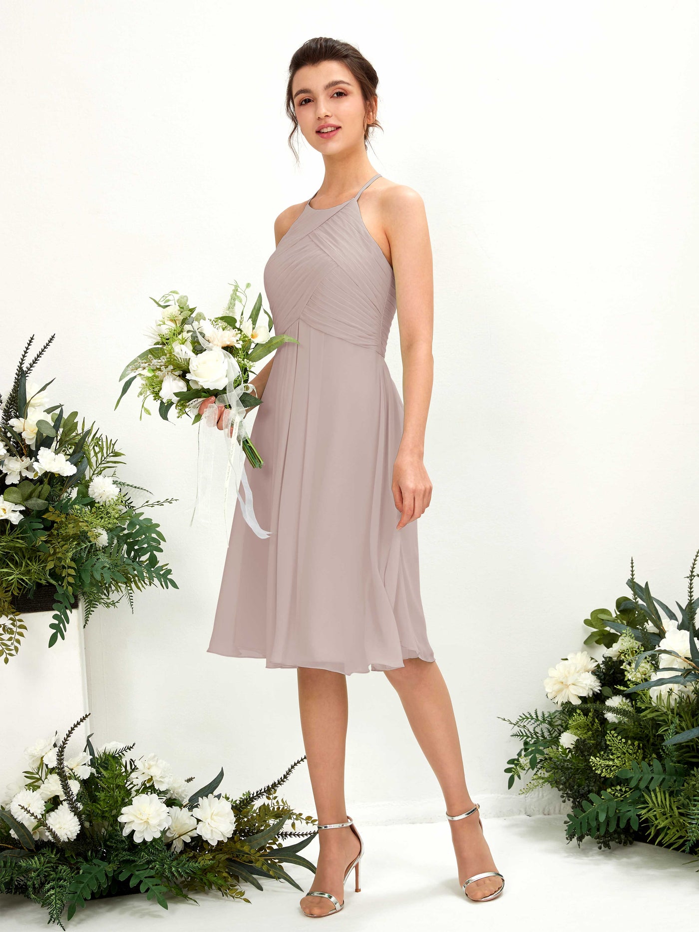 Taupe Bridesmaid Dresses Bridesmaid Dress A-line Chiffon Halter Knee Length Sleeveless Wedding Party Dress (81220424)#color_taupe