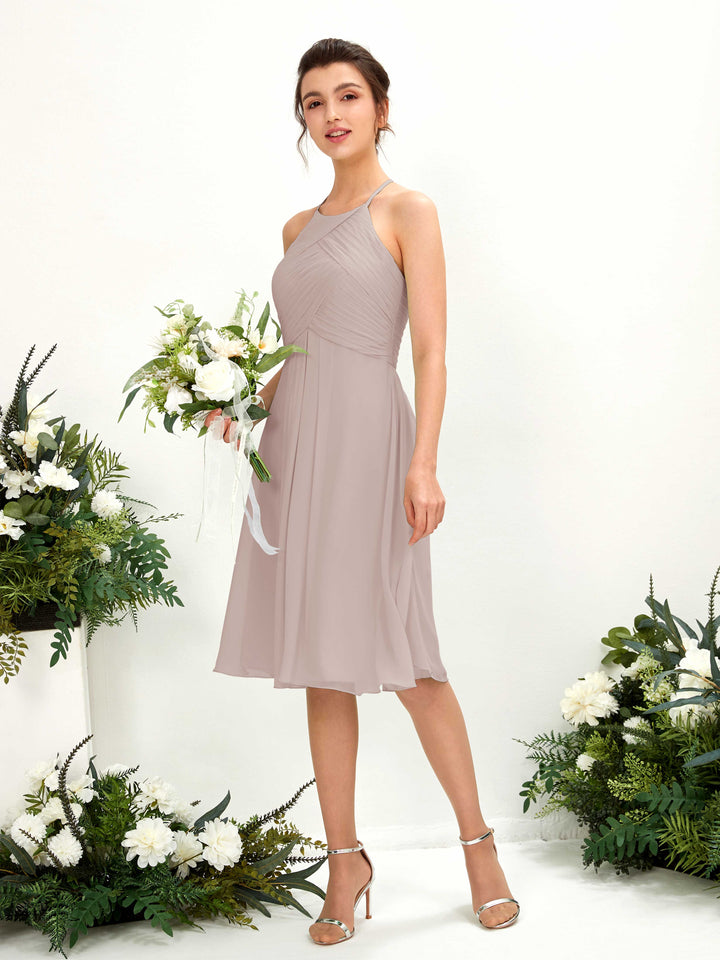 Taupe Bridesmaid Dresses Bridesmaid Dress A-line Chiffon Halter Knee Length Sleeveless Wedding Party Dress (81220424)