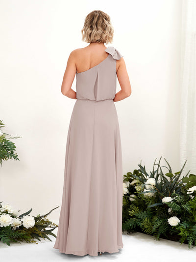 Carlyna Laurel A-Line Taupe Bridesmaid Dress Maxi Sleeveless One Shoulder Dress Back View #color_taupe