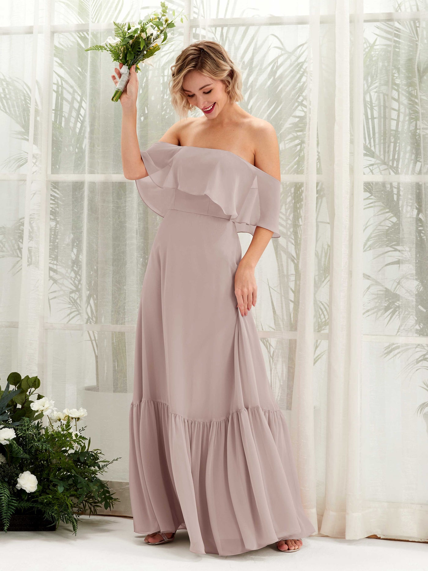 Silver Chiffon Bridesmaid Dress A-Line Maxi Off-the-Shoulder | Carlyna Silver Chiffon Bridesmaid Dress A-Line Maxi Off-the-Shoulder | Carlyna