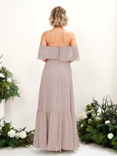 Carlyna Joie A-Line Taupe Bridesmaid Dress Maxi Sleeveless Off the Shoulder Dress Back View #color_taupe