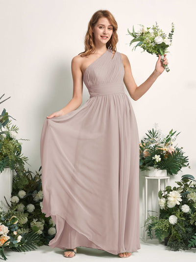 Carlyna Evelyn A-Line Taupe Bridesmaid Dress Maxi Sleeveless One Shoulder Dress Front View #color_taupe