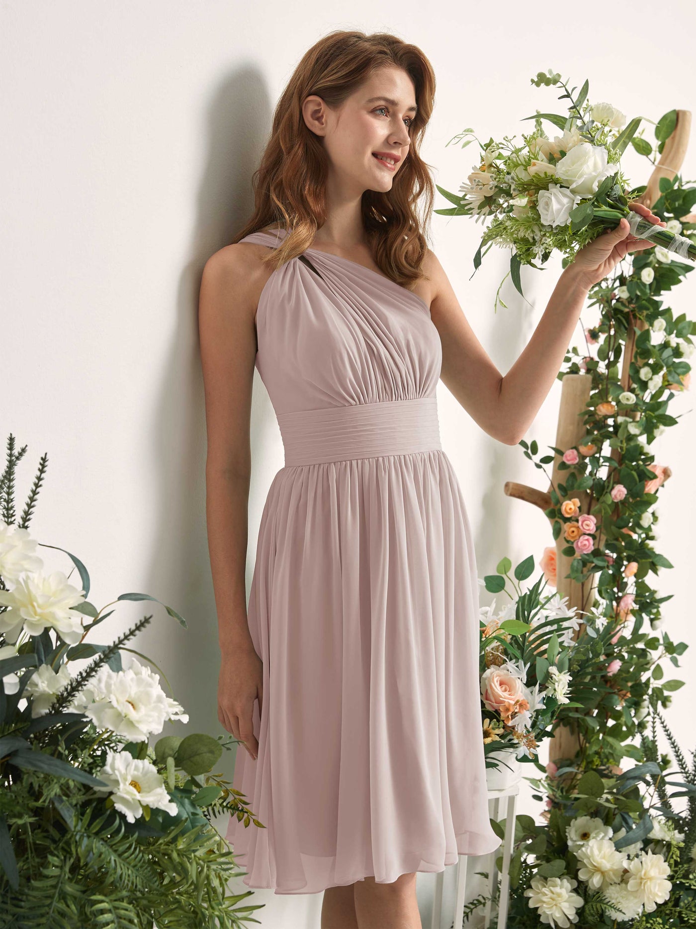 Bridesmaid Dress A-line Chiffon One Shoulder Knee Length Sleeveless Wedding Party Dress - Taupe (81221224)#color_taupe