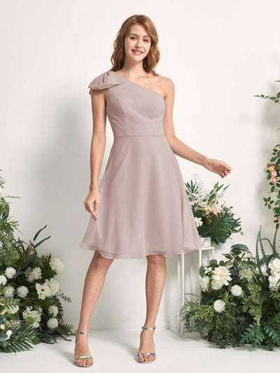 Carlyna Brenda A-Line Taupe Bridesmaid Dress Knee-Length Sleeveless One Shoulder Dress Front View #color_taupe
