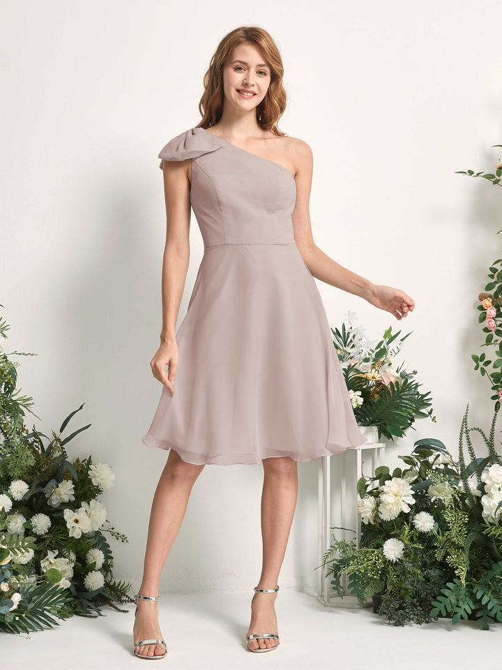 Bridesmaid Dress A-line Chiffon One Shoulder Knee Length Sleeveless Wedding Party Dress - Taupe (81227024)