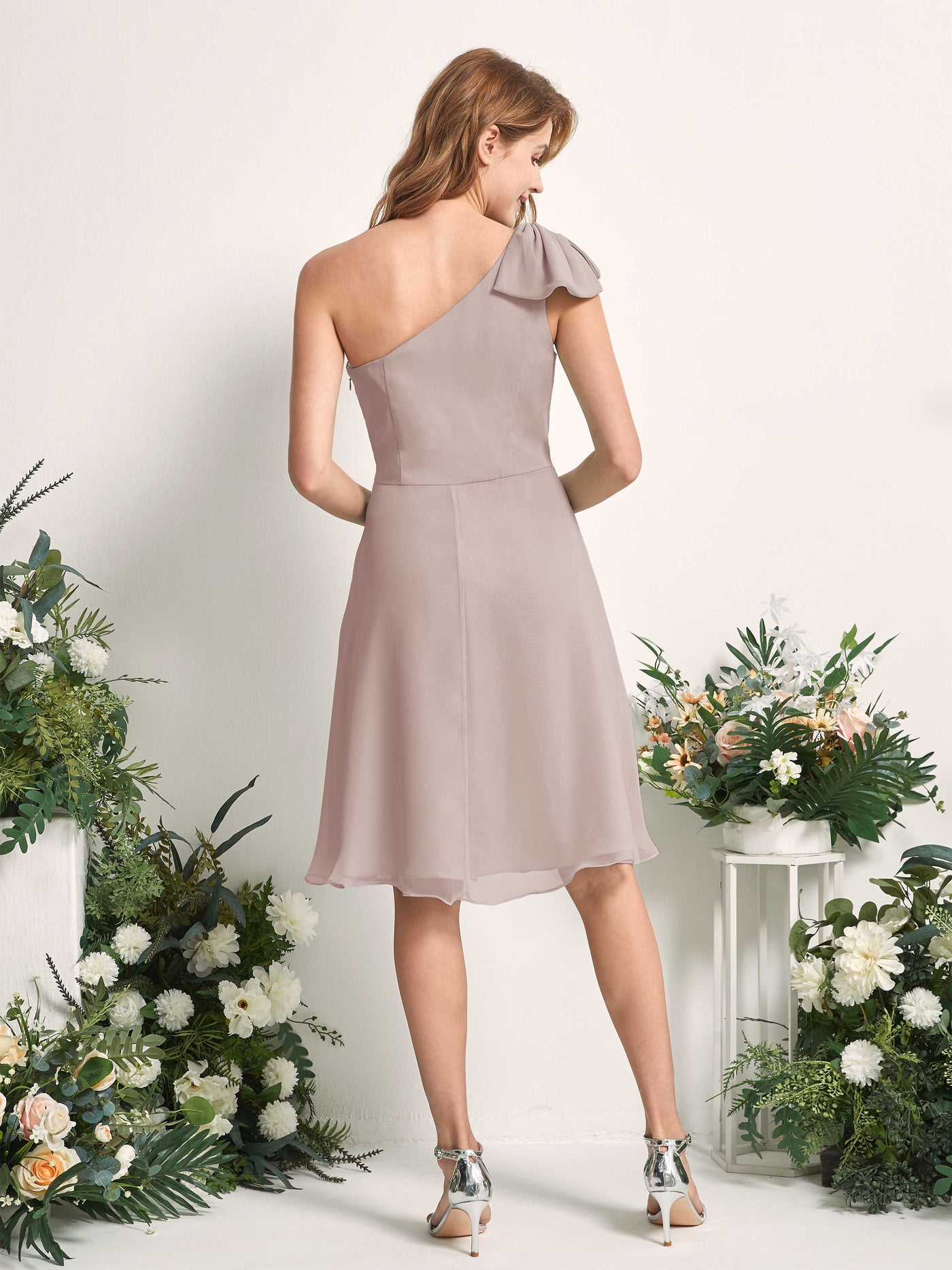 Bridesmaid Dress A-line Chiffon One Shoulder Knee Length Sleeveless Wedding Party Dress - Taupe (81227024)#color_taupe