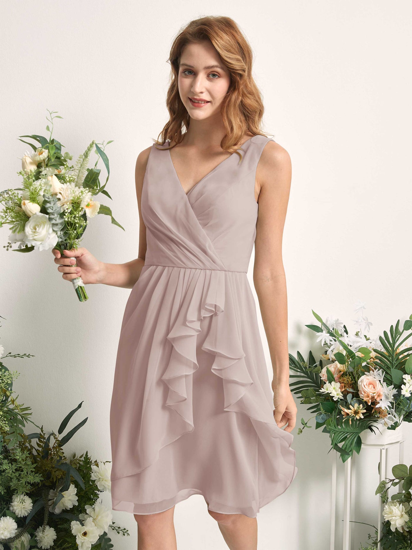 Bridesmaid Dress A-line Chiffon Straps Knee Length Sleeveless Wedding Party Dress - Taupe (81226624)#color_taupe