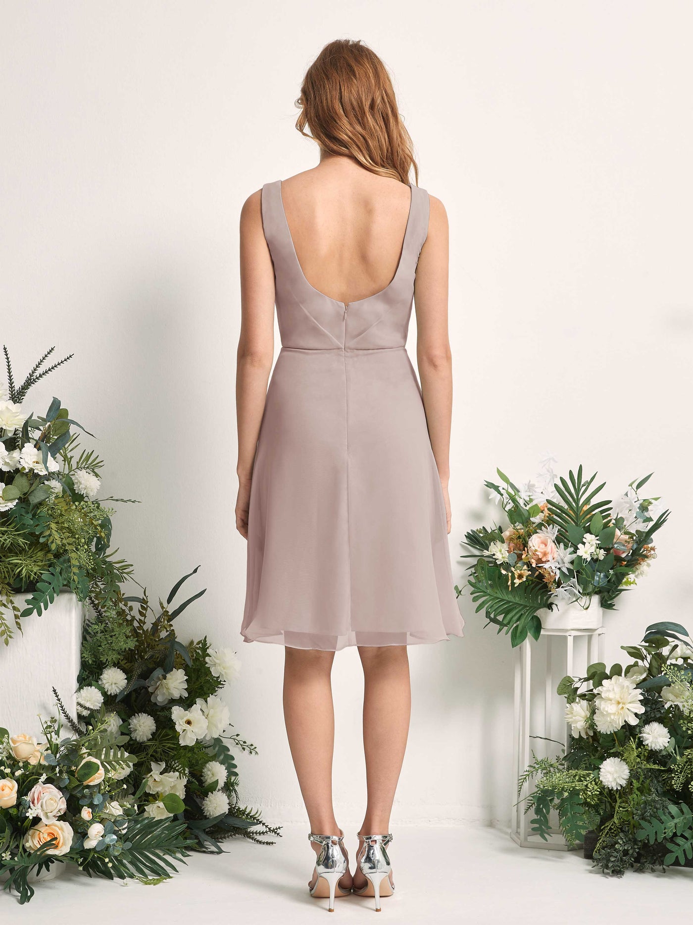 Bridesmaid Dress A-line Chiffon Straps Knee Length Sleeveless Wedding Party Dress - Taupe (81226624)#color_taupe