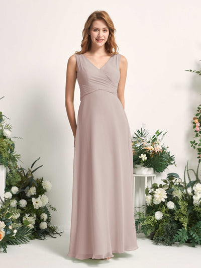 Carlyna June A-Line Taupe Bridesmaid Dress Maxi Sleeveless V-Neck Dress Front View #color_taupe