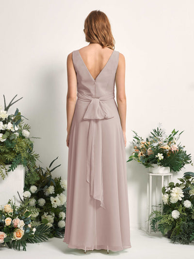 Carlyna June A-Line Taupe Bridesmaid Dress Maxi Sleeveless V-Neck Dress Back View #color_taupe