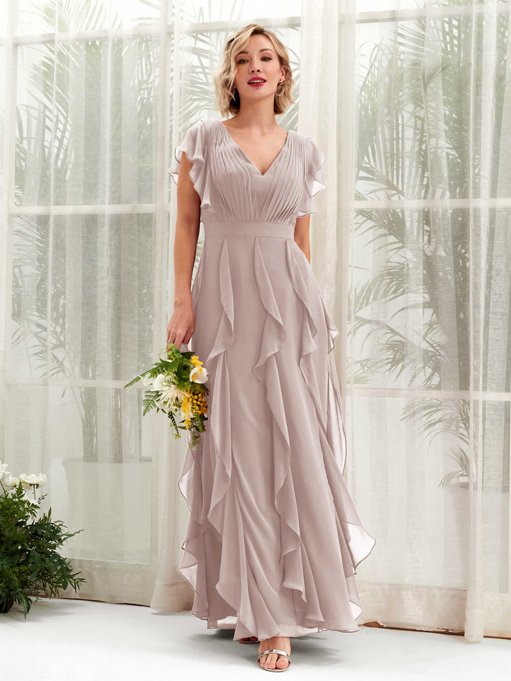 A-line Open back V-neck Short Sleeves Chiffon Bridesmaid Dress - Taupe (81226024)