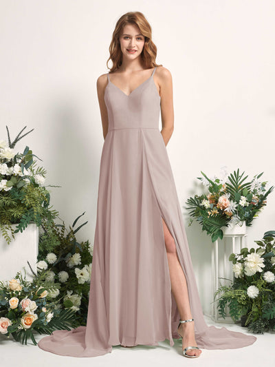 Carlyna Marcia A-Line Taupe Bridesmaid Dress Maxi Sleeveless V-Neck Dress Front View #color_taupe