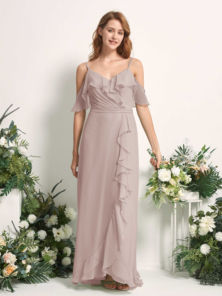 Bridesmaid Dress A-line Chiffon Spaghetti-straps Full Length Sleeveless Wedding Party Dress - Taupe (81227424)