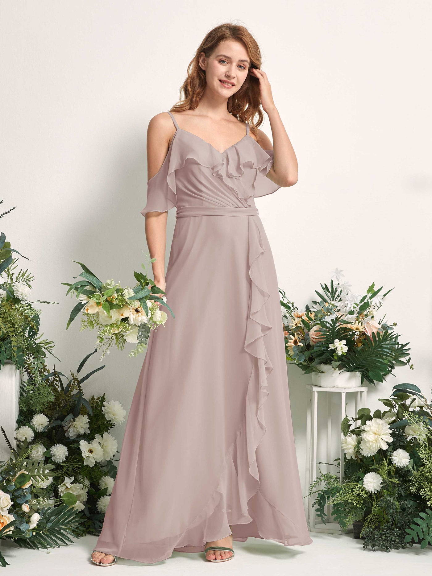 Bridesmaid Dress A-line Chiffon Spaghetti-straps Full Length Sleeveless Wedding Party Dress - Taupe (81227424)#color_taupe