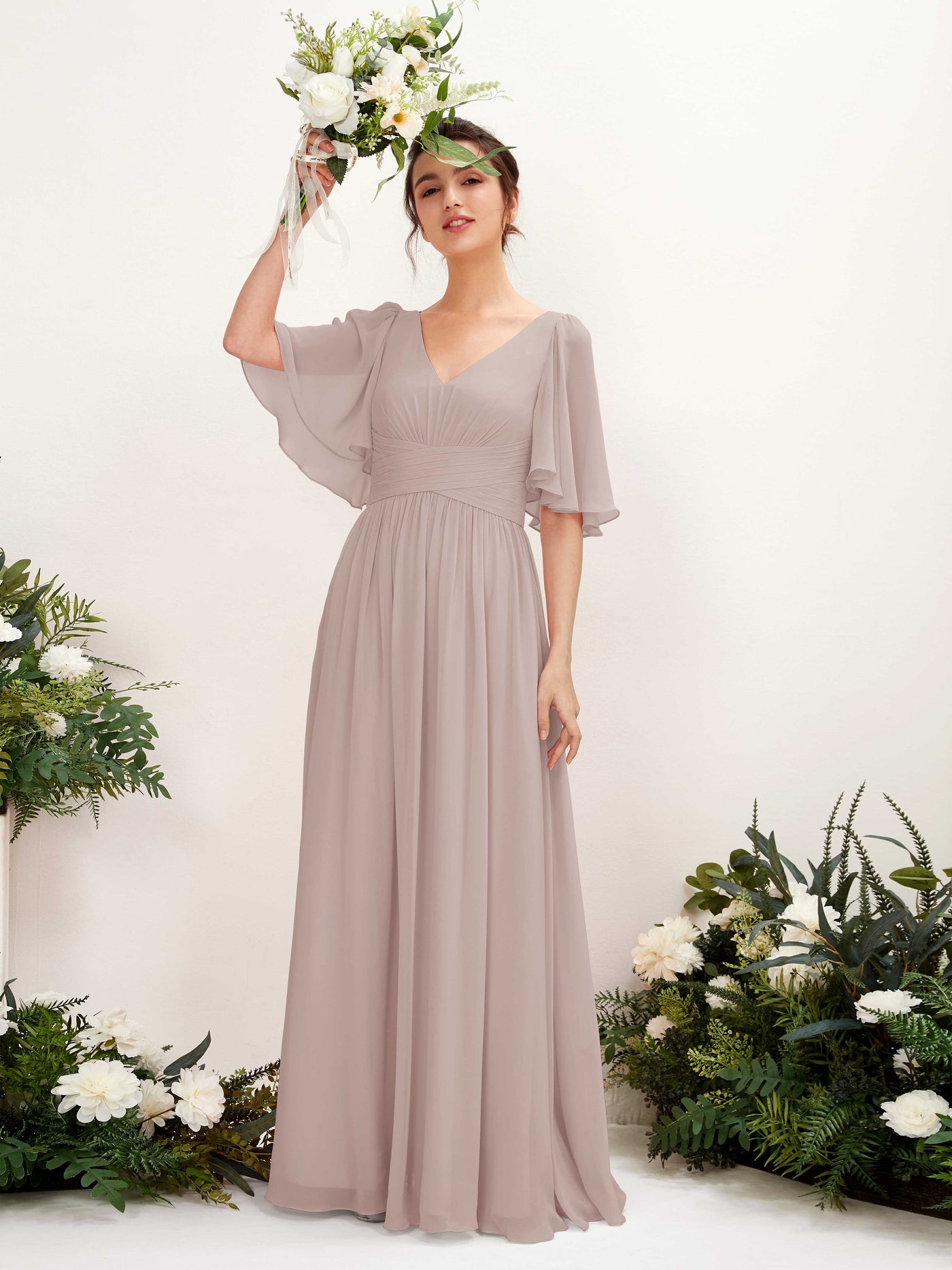 Taupe Bridesmaid Dresses Bridesmaid Dress A-line Chiffon V-neck Full Length 1/2 Sleeves Wedding Party Dress (81221624)#color_taupe
