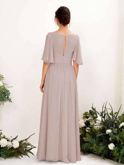 Carlyna Odette A-Line Taupe Bridesmaid Dress Maxi Short Sleeve V-Neck Dress Back View #color_taupe