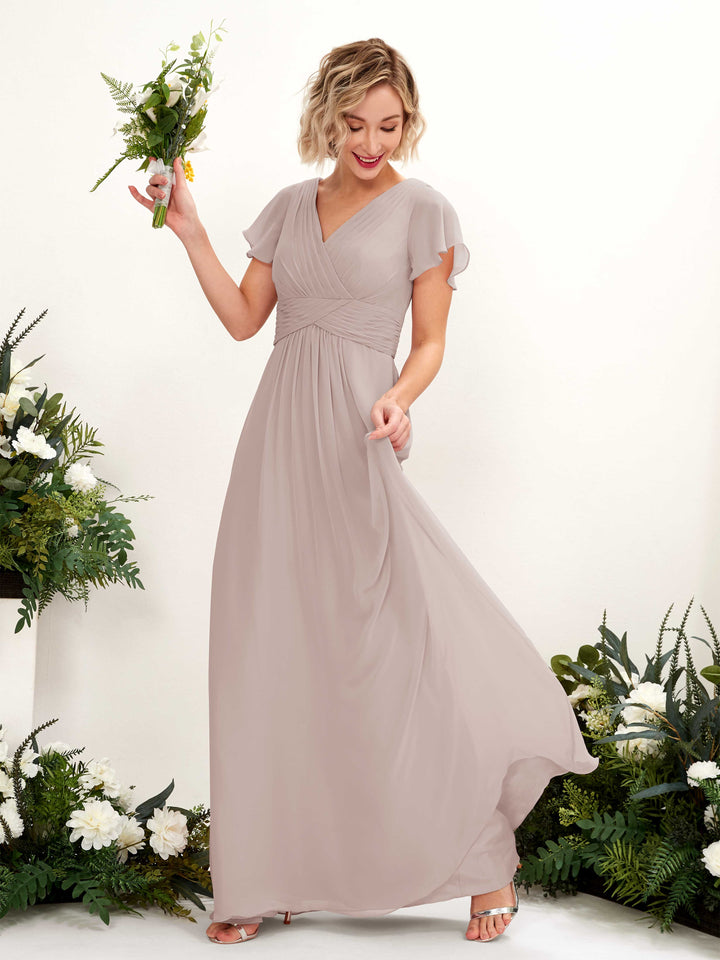 Taupe Bridesmaid Dresses Bridesmaid Dress A-line Chiffon V-neck Full Length Short Sleeves Wedding Party Dress (81224324)