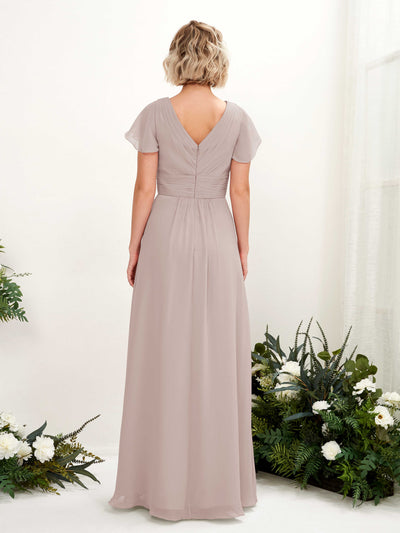 Carlyna Tolly A-Line Taupe Bridesmaid Dress Maxi Cap Sleeve V-Neck Dress Back View #color_taupe
