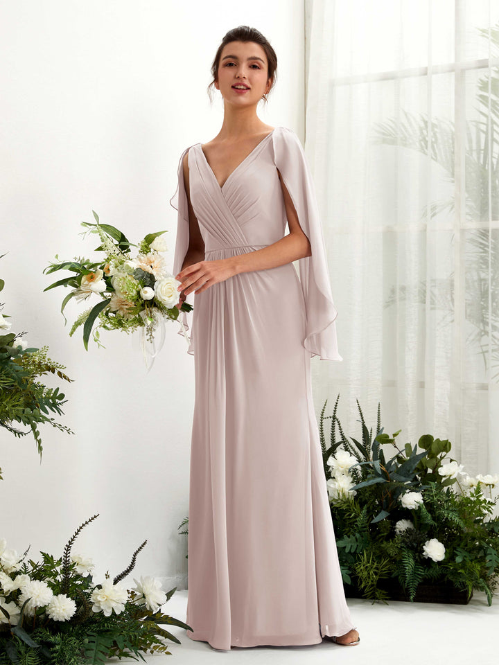 Taupe Bridesmaid Dresses Bridesmaid Dress A-line Chiffon Straps Full Length Long Sleeves Wedding Party Dress (80220124)