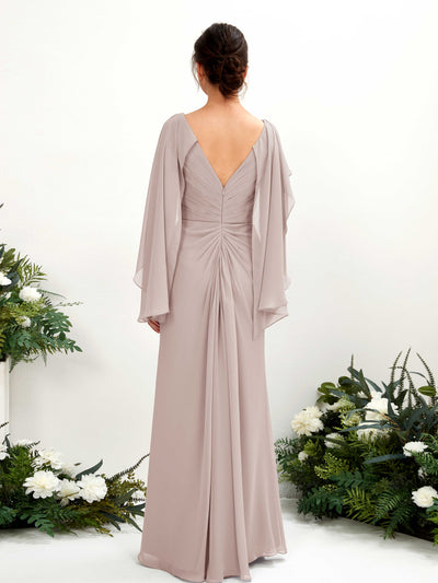 Carlyna Alain A-Line Taupe Bridesmaid Dress Maxi Cap Sleeve V-Neck Dress Back View #color_taupe