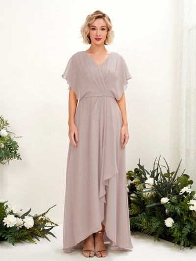 Carlyna Soleil A-Line Taupe Bridesmaid Dress Maxi Short Sleeve V-Neck Dress Front View #color_taupe