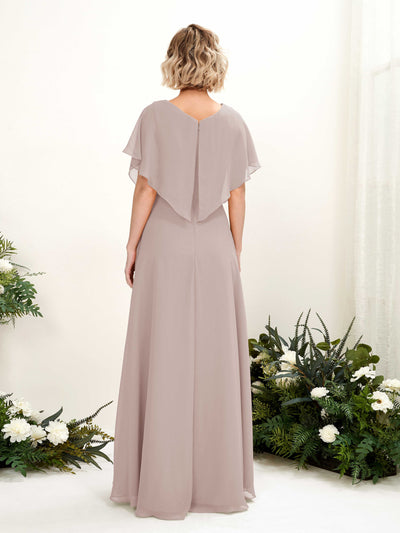 Carlyna Soleil A-Line Taupe Bridesmaid Dress Maxi Short Sleeve V-Neck Dress Back View #color_taupe