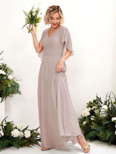 Carlyna Winnie A-Line Taupe Bridesmaid Dress Maxi Short Sleeve V-Neck Dress Front View #color_taupe