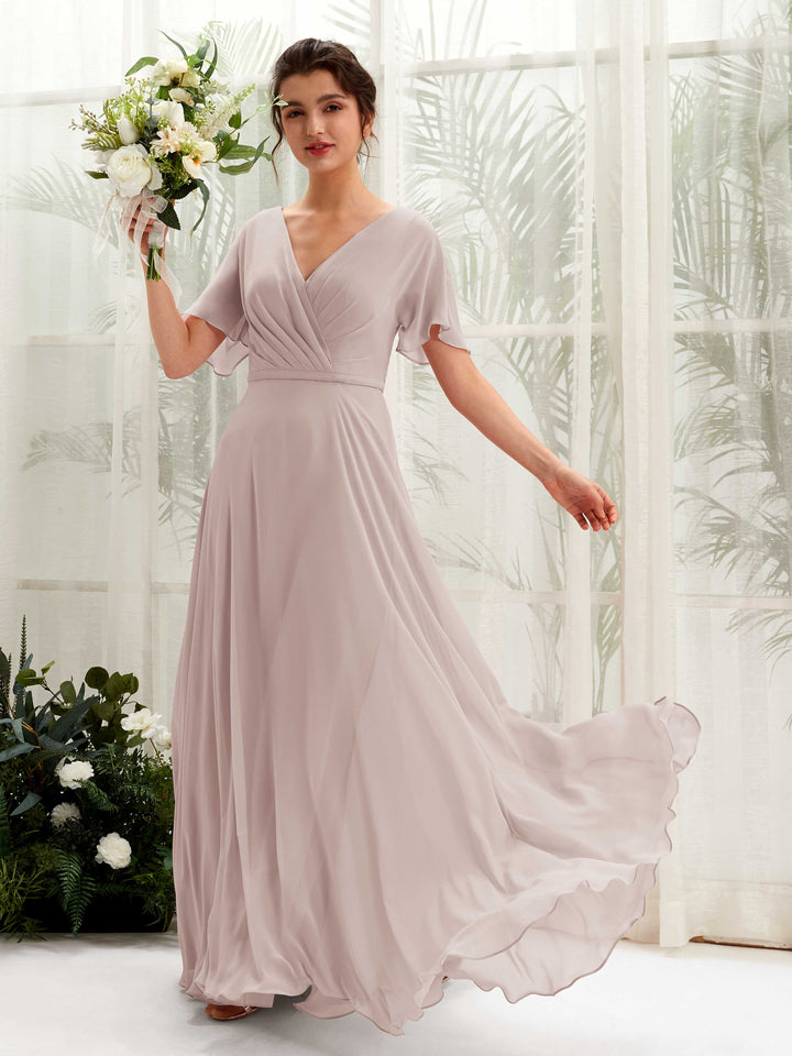 Taupe Bridesmaid Dresses Bridesmaid Dress A-line Chiffon V-neck Full Length Short Sleeves Wedding Party Dress (81224624)
